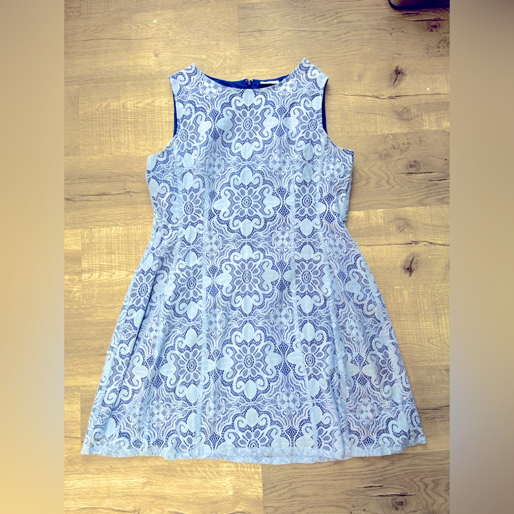 New York & Co blue lace overlay dress 16